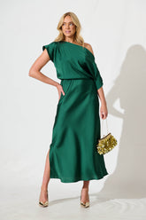 Emerald Green Satin Off-Shoulder Maxi Dress